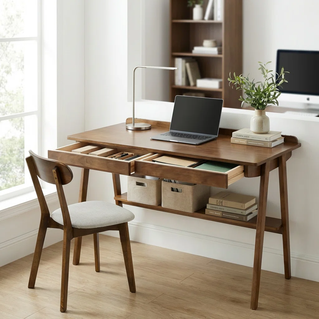 Solid Wood Writing Desk with Two Drawers and Storage Shelf, Featuring Side Hooks and Protective Edge Design