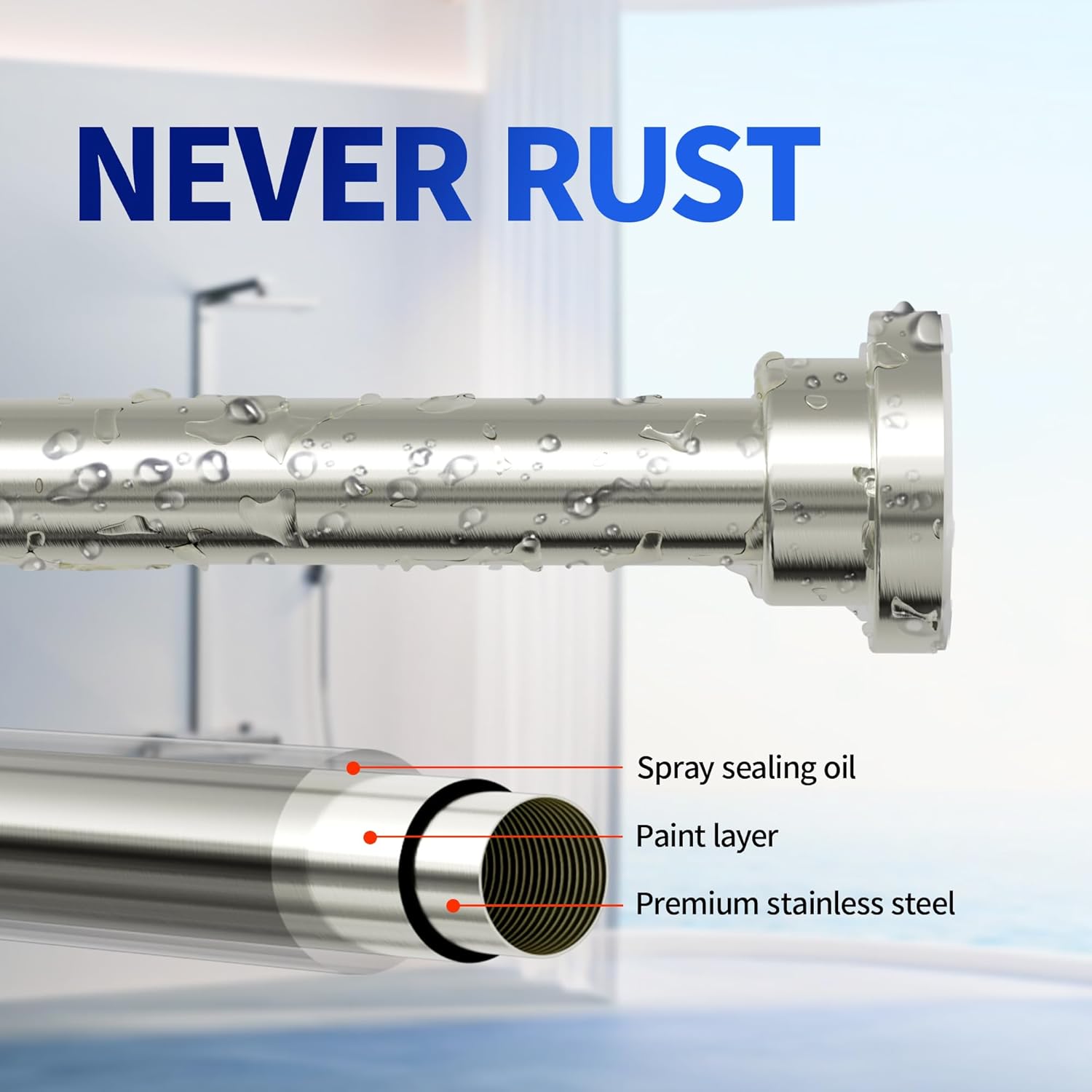 Shower Curtain Rod, 1 Diameter Heavy Duty Tension Shower Rod, Non Slip Adjustable 28-74 inch No Drill Shower Curtain Rods Spring Tension For Bathroom, Shower Stall, No Rust, Brushed Nickel 28-74 Inches Brushed Nickel