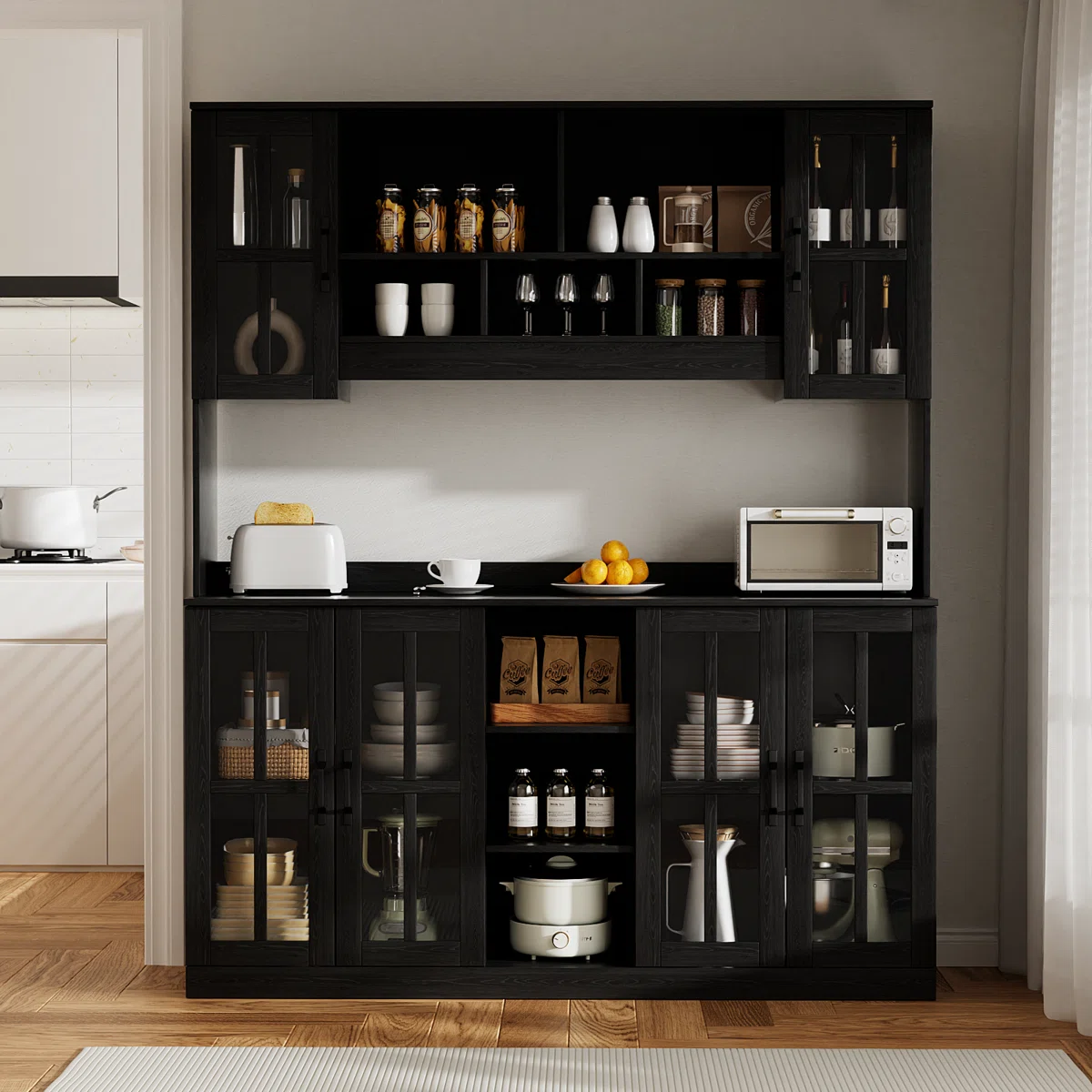 Box A only Farmhouse 59" Pantry With Hutch,Glass Doors,Cabinet With Storage,Adjustable Shelves