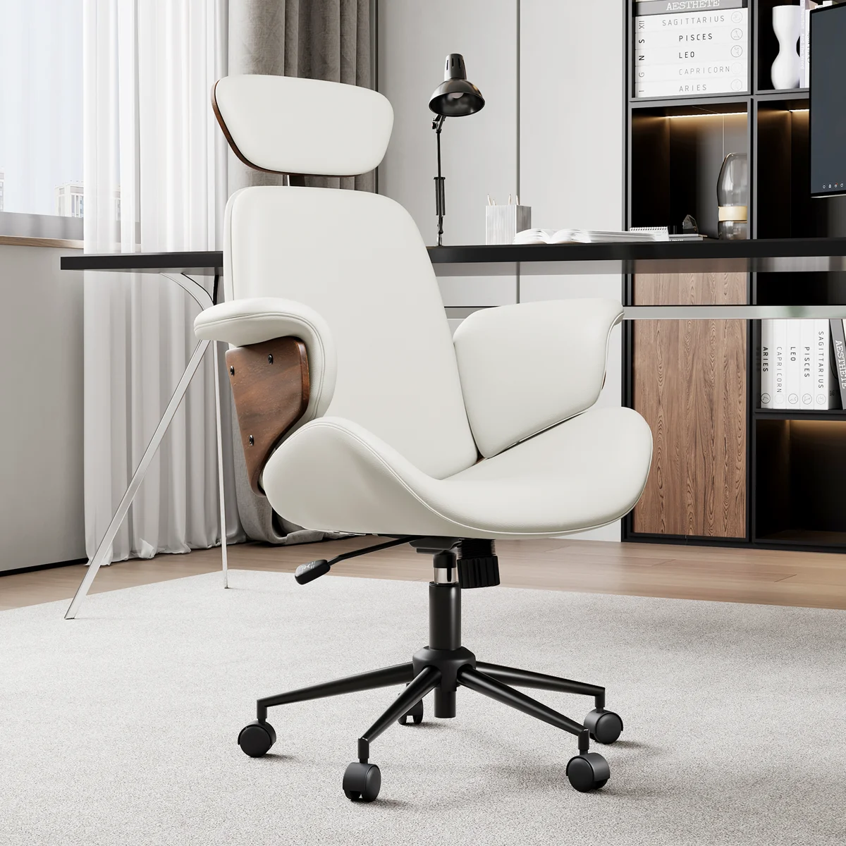 Modern PU Leather Home Office Chair with Wheels & Adjustable Height