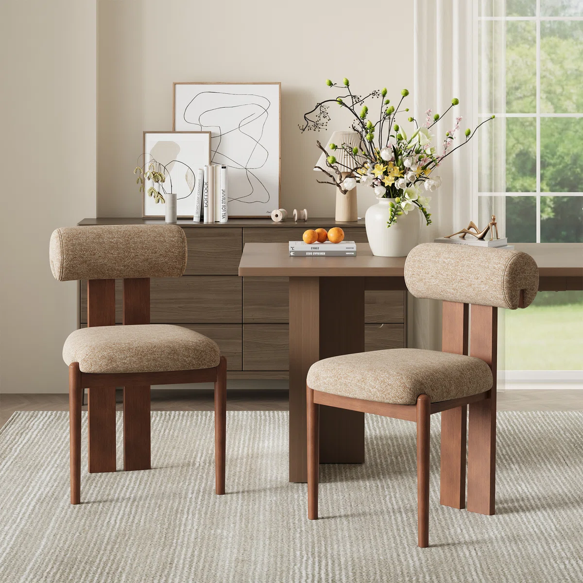 Modern Upholstered Dining Chairs with Rolled Back & Solid Wood Legs