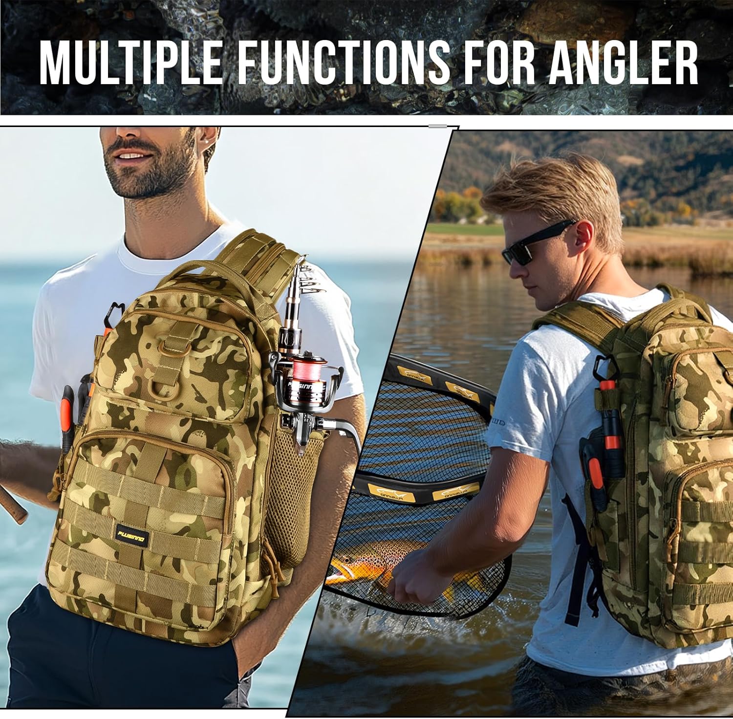 PLUSINNO Fishing Backpack with Floating Fishing Net, Tackle Boxes, Waterproof Sling Tackle Bag For Fish Gear With Rod Holder, Gifts for Men Fishing Backpack with fishing net (orange)