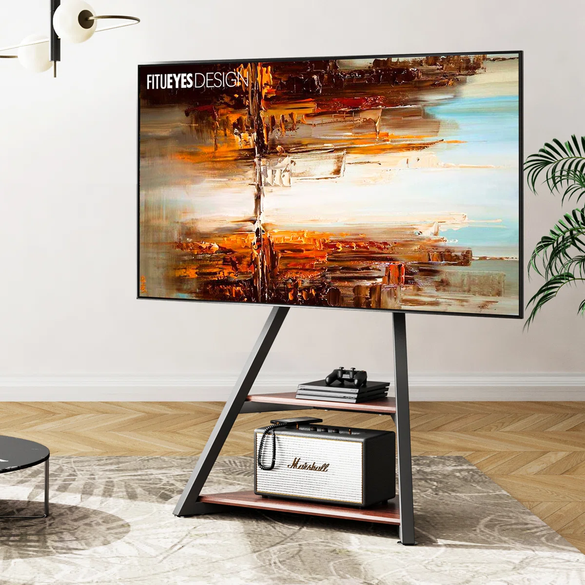 Corner TV Stand with 2 Wooden Shelves Rolling TV Cart For 32 43 50 55 65 Inch TV