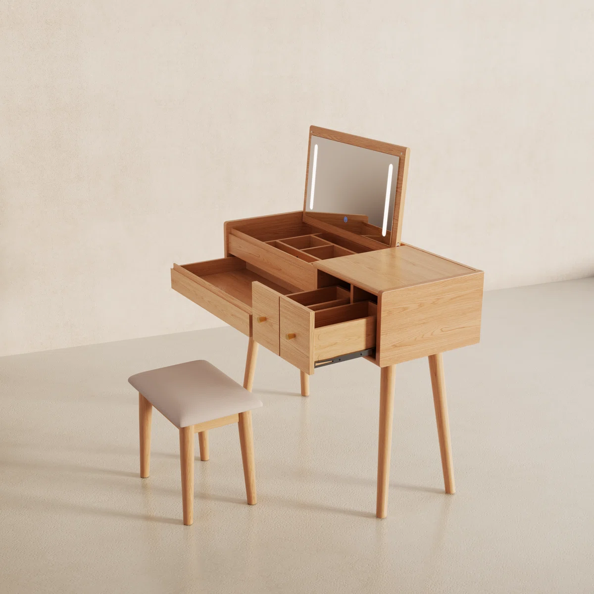 Solid Wood Vanity Desk with Flip Top Mirror & Lights, Small Makeup Vanity with Drawers, 4 Lighting Modes Adjustable Brightness, Vanity Table for Bedroom and Living Room