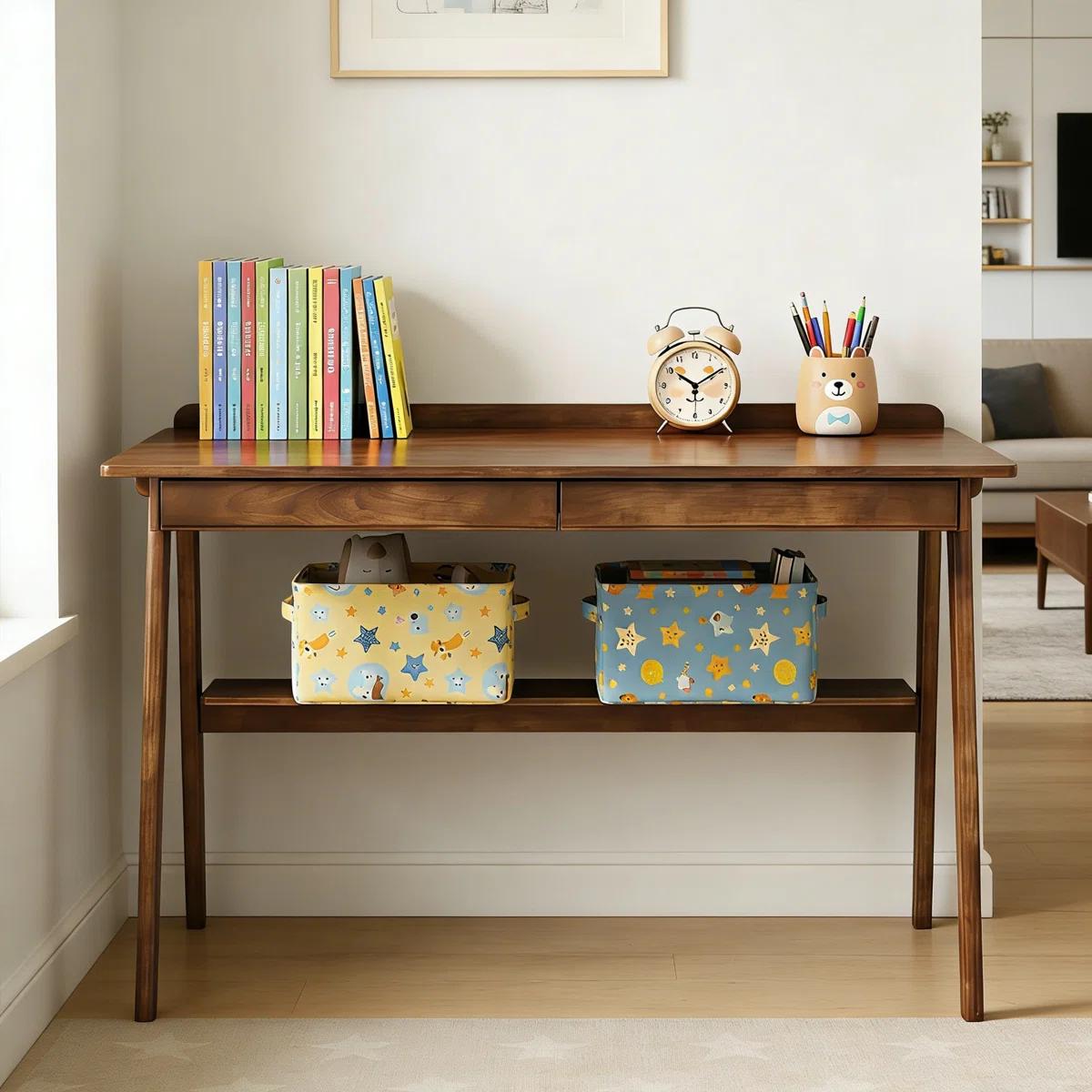 Solid Wood Writing Desk with Two Drawers and Storage Shelf with Side Hooks