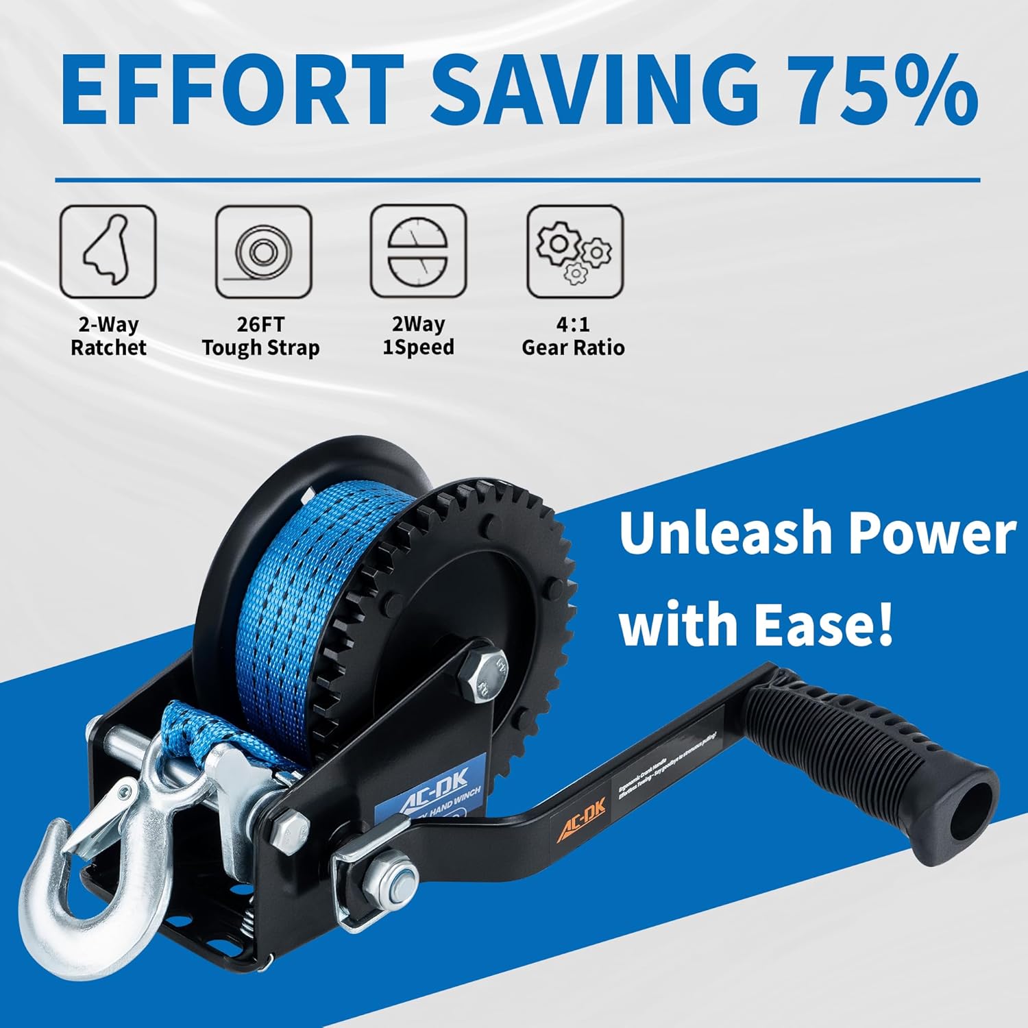 AC-DK 1600lbs Heavy Duty Boat Trailer Winch with 26FT Strap, 2-Way Ratchet & 4:1 Gear Trailer Winch, Portable Hand Crank Winch for Boat, Truck, Trailer, RV, ATV, Jet Ski 1600LB Blue Winch