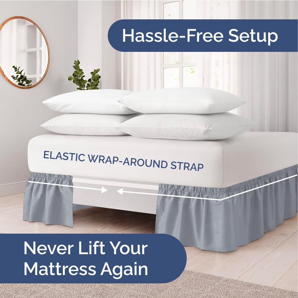 Wrap Around Dust Ruffle Bed Skirt - Steel Blue - for King Size Beds w/ 15 Inch Drop - Easy Fit Elastic Strap - Adjustable Pleated Bedskirt w/Brushed Fabric - Wrinkle Free, Women, Men, Kids & Teens King/Cal King 15 - Drop 05 - Steel Blue