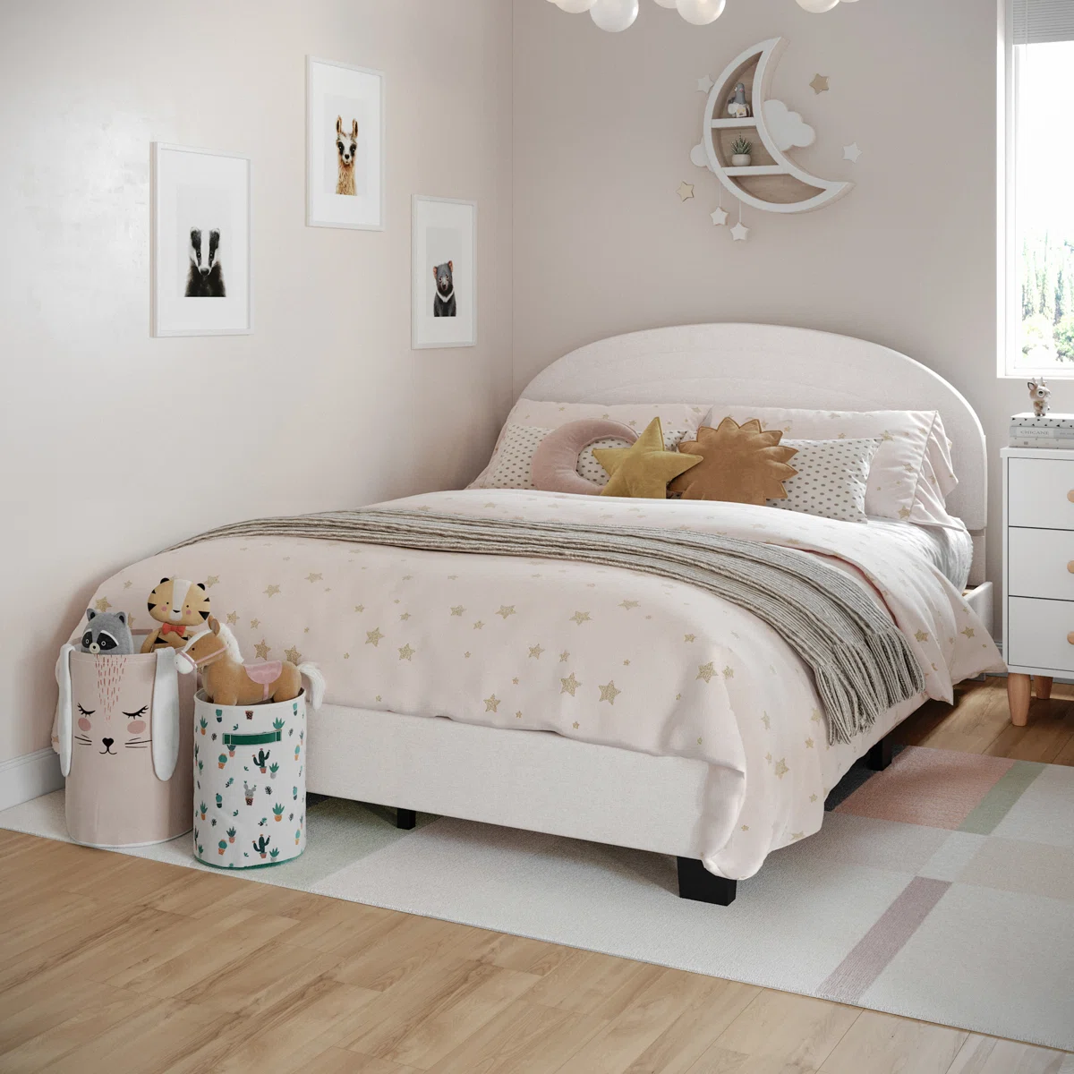 Aurey Upholstered Platform Bed Frame - Curved Stitched Headboard And Slat Foundation