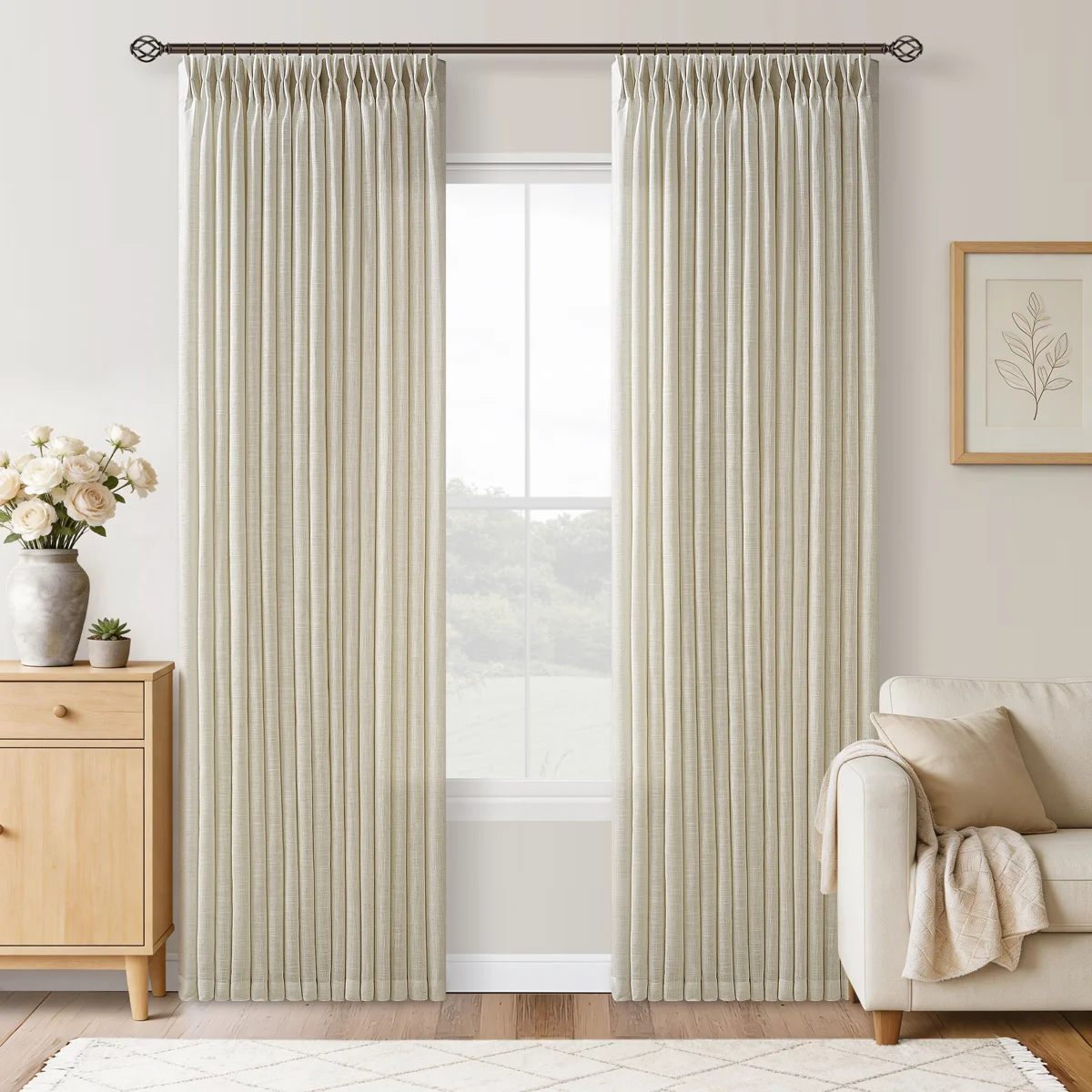 Thick Linen Fabric Memory Trained Pinch Pleated Solid Farmhouse And Modern Rustic Curtains for Dining Living Room bedroom 2 Panels