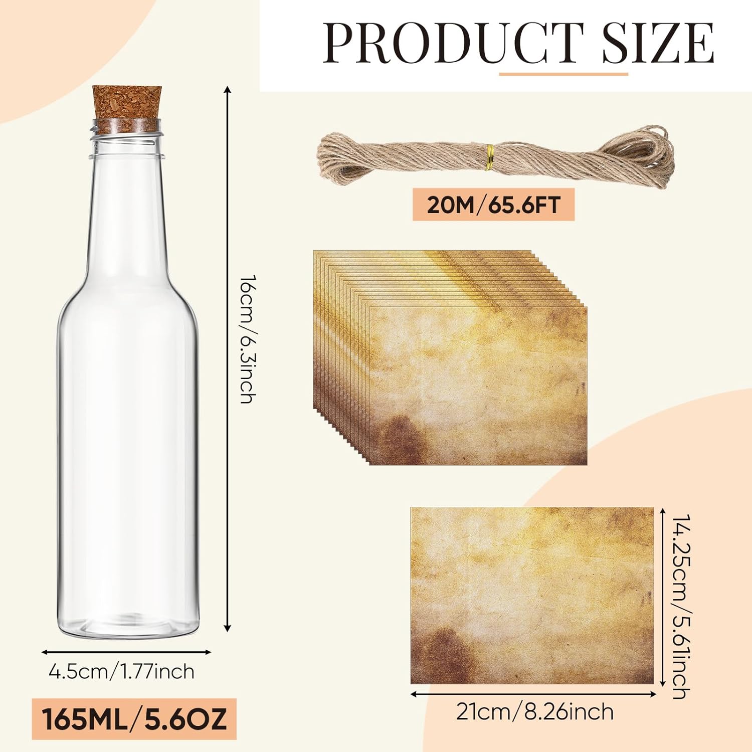 Baderke 24 Pcs 5.6 oz Message Bottles with Letter Printer Paper Plastic Bottles & Corks Twines for Message Invitations Birthday Wedding Baby Shower DIY Crafts Gift Party Favors (Vintage) Vintage 24