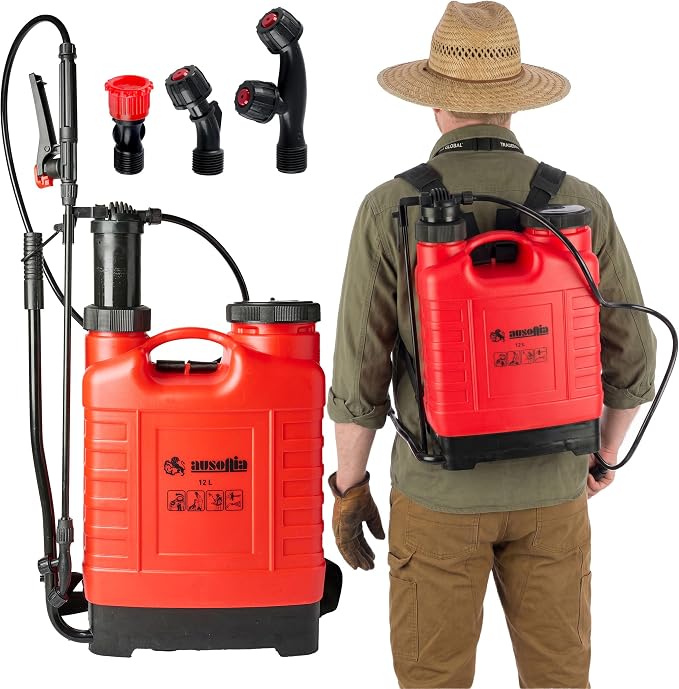 Manual Pump Backpack Sprayer - 12L/ 3.17 Gallon Sprayer Pump with 3 Spray Nozzles for Fertilizing, Pesticides, Watering, Cleaning, and Protection - Spray Container with Straps