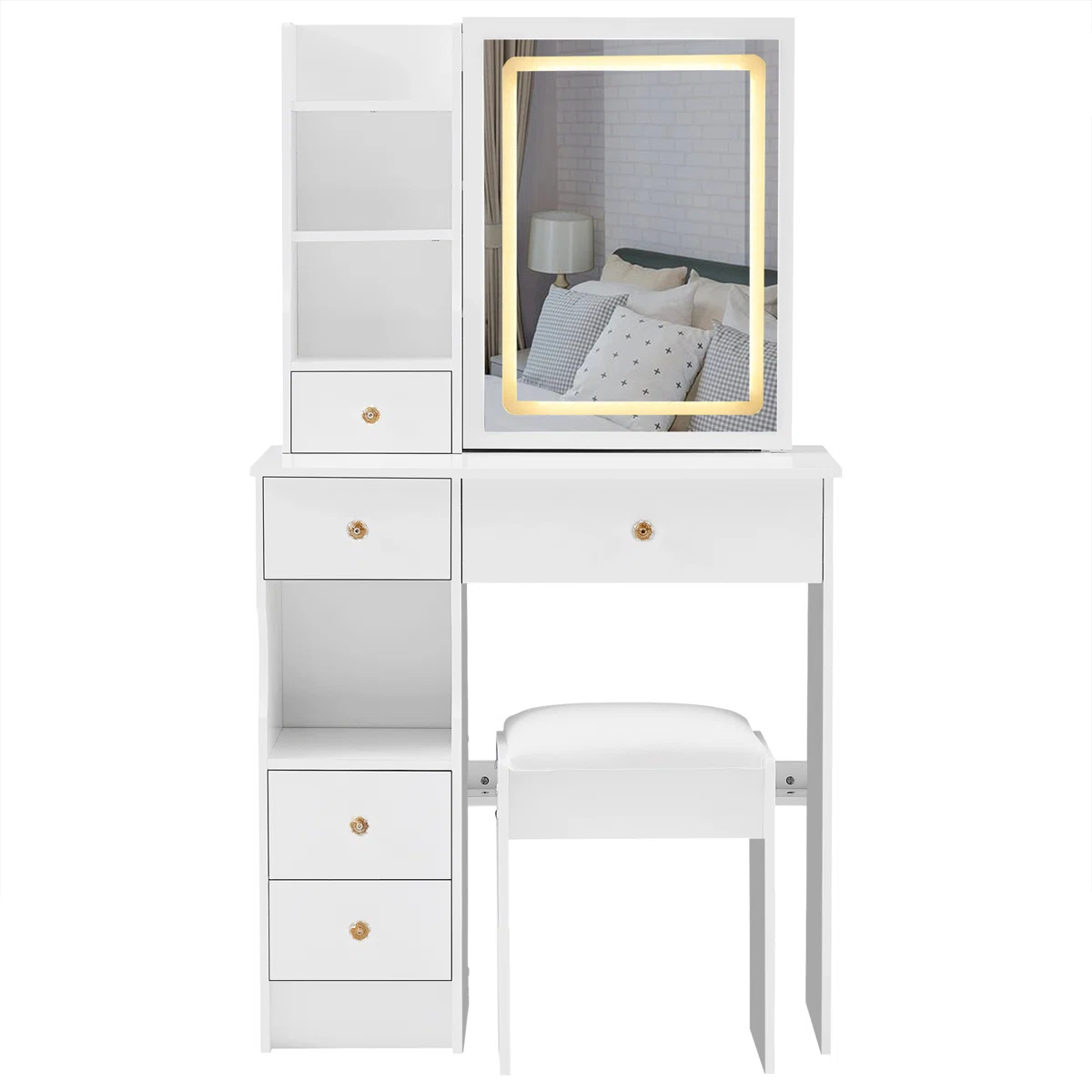 29.2" Small Size Left Drawer Desktop Vanity Table + Cushioned Stool, Large Sliding, Touch Control, Tri-Color Switching, Brightness Adjust LED Mirror, High Capacity Storage, Suitable For Small Space