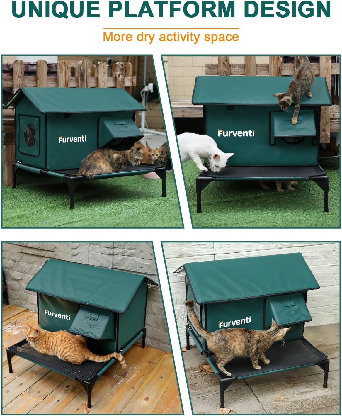 Heated Cat House for Outside,More Platform Space,Extremely Weatherproof & Insulated in Winter,Elevated Outdoor Cat Shelter with Eaves & Escape Door for Barn Feral Stray Cat(Dark Green,Large) 24.4L x 27.5W x 24.8H Dark Green
