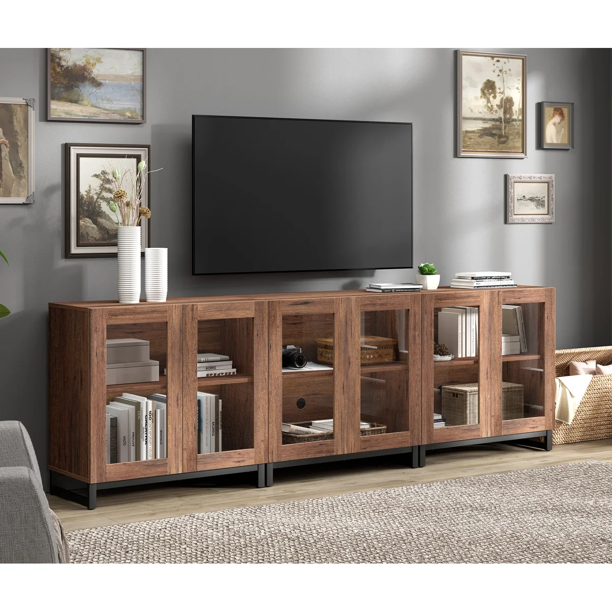 Modern TV Stand With Glass Doors For 120 Inch Tvs, 4 In 1 Entertainment Center Console With Adjustable Shelves And Metal Base For Living Room, Bedroom