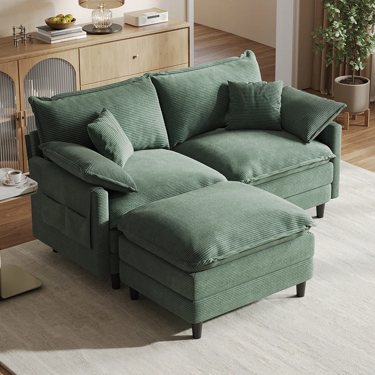 73'' Comfy L Shaped Sectional Modular Cloud Loveseat Sofa With Ottoman, Tool-free Easy Assembly Corduroy Couch For Small Space