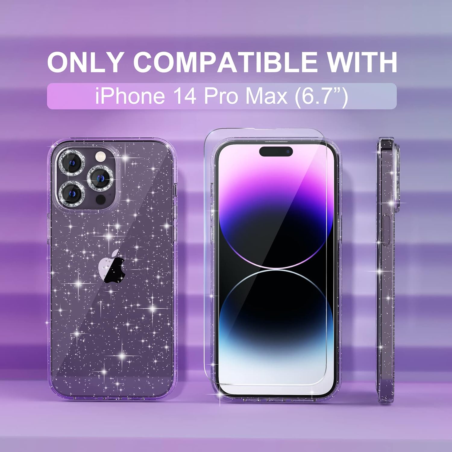 Choiche Compatible for iPhone 14 Pro Max Case Women Phone Case, Cute Bling Sparkly, Military Grade Protection, 3 Diamond Camera Lens Covers, 2 Tempered Glass Protectors, 6.7 inch (Glitter Clear) Glitter Clear For iPhone 14 Pro Max