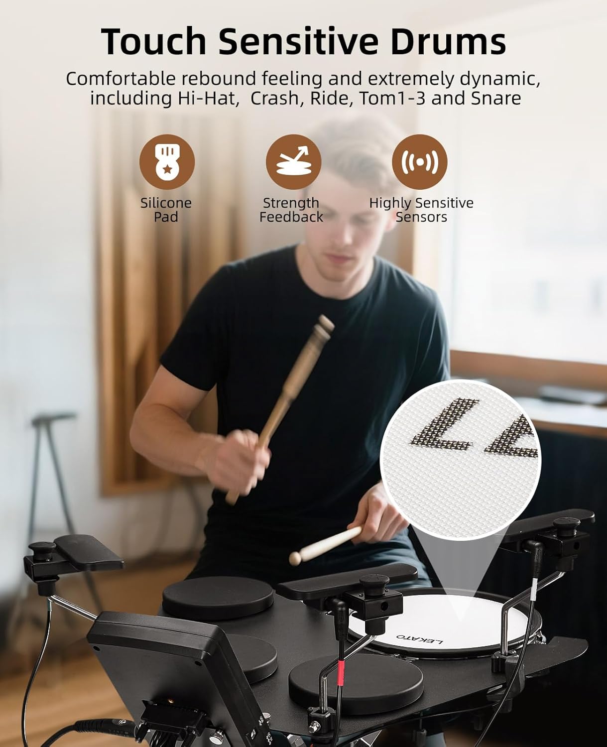 LEKATO CPD-1000 Electronic Drum Set with Quiet Mesh Pads, Portable Electric Drum Set, 220+ Sounds, USB MIDI, 2 Robust Footswitch, Sticks, Travel Bag Large pedals
