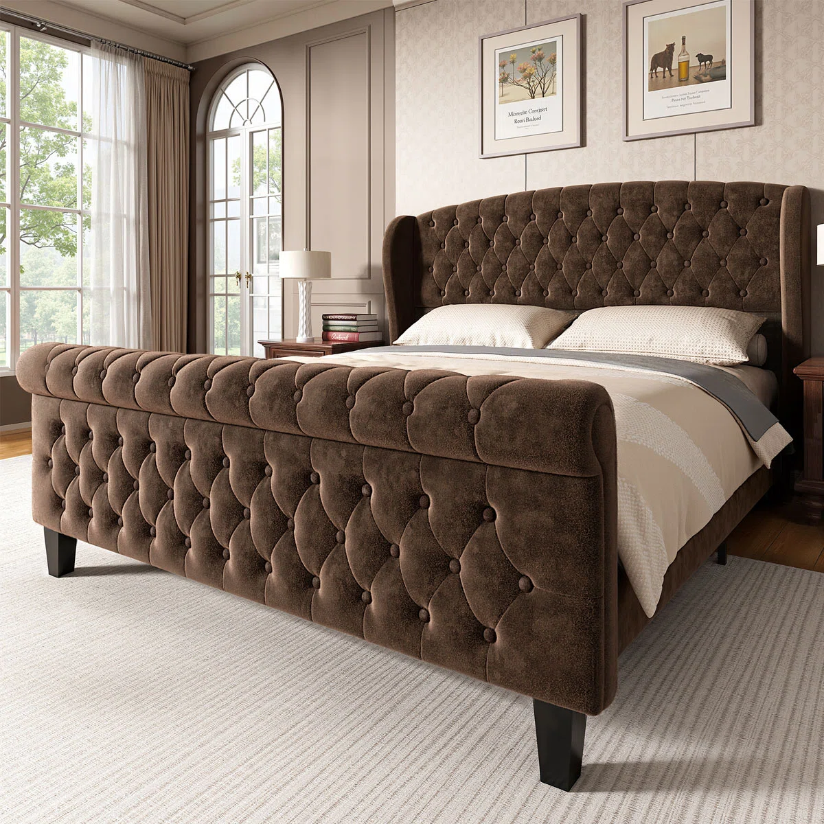 Velvet Upholstered  Bed  with Wingback Headboard