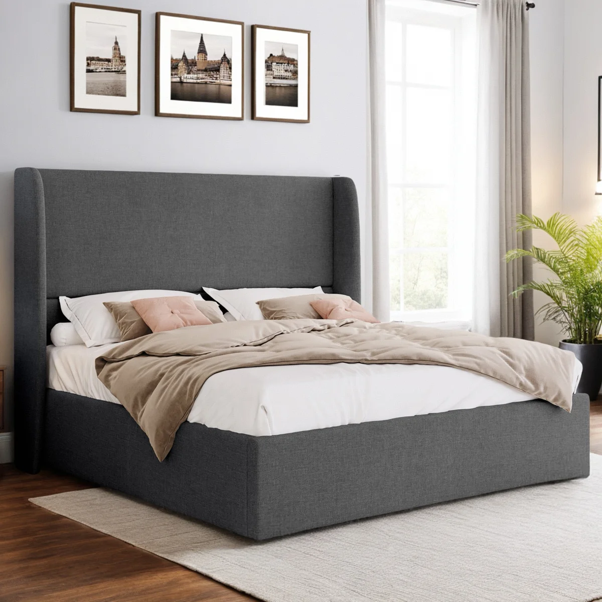 Belo Upholstered Lift-Up Storage Bed with Wingback Headboard