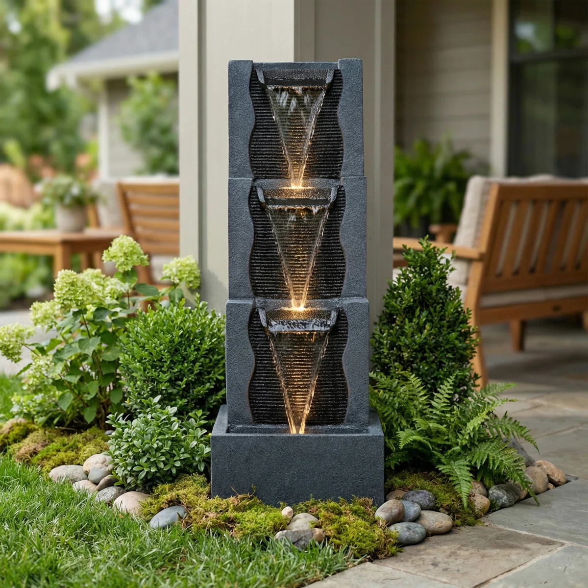 40'' Modern Black Outdoor Fountain With LED Lights & ETL-Certified 15W Pump – Multi-Tier Contemporary Waterfall Feature