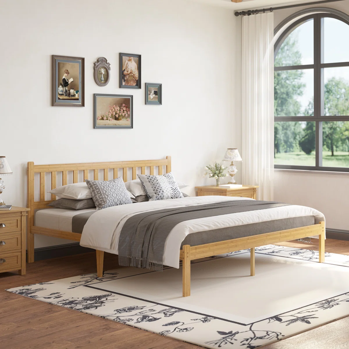 14"H Heavy-Duty Easy Assembly Solid Wood Bamboo Platform Bed Frame with Headboard, Metal Slats