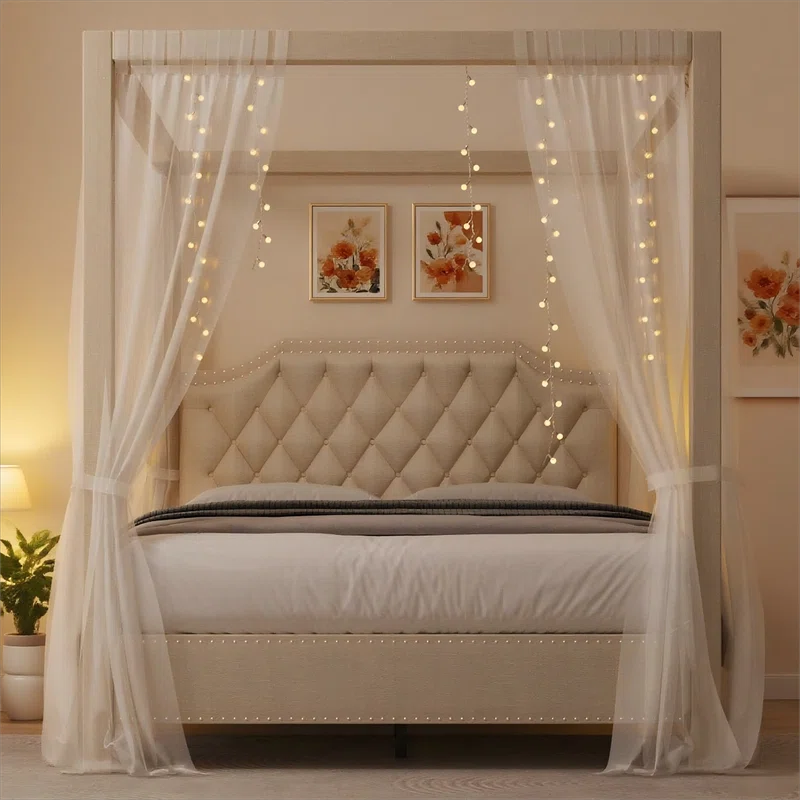 (Box A only)Upholstered Canopy Bed Frame with Tufted Headboard, Nailhead Trim, No Box Spring Needed