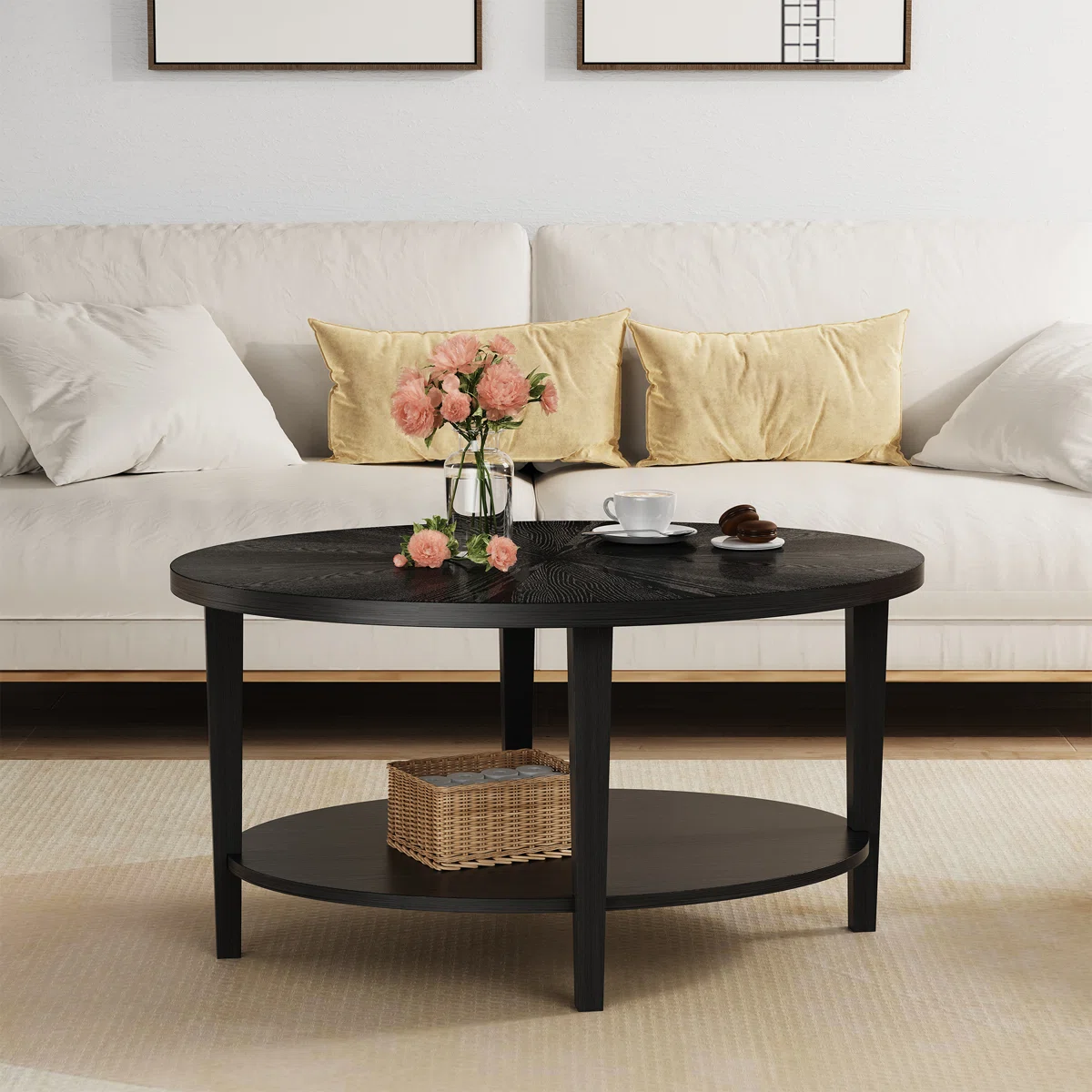 Solid Wood Oval Coffee Table with 2-Tier Storage, Mid-Century Modern