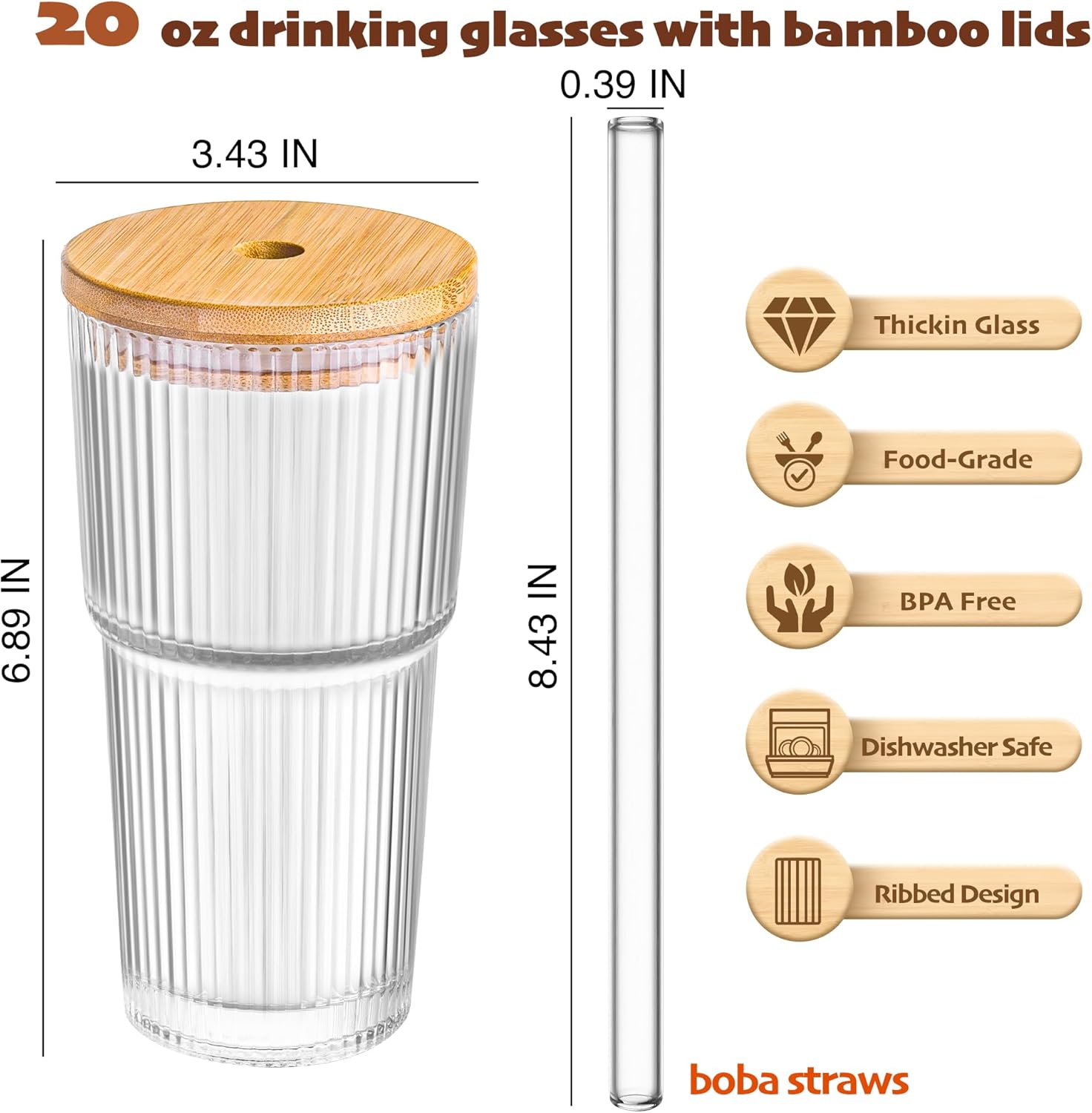 Dingerjar 20 oz Ribbed Glass Tumblers with Bamboo Lids and Straws, 2 Pcs Wide Mouth Thickened Vintage Glass Cup for Boba, Iced Coffee, Juice