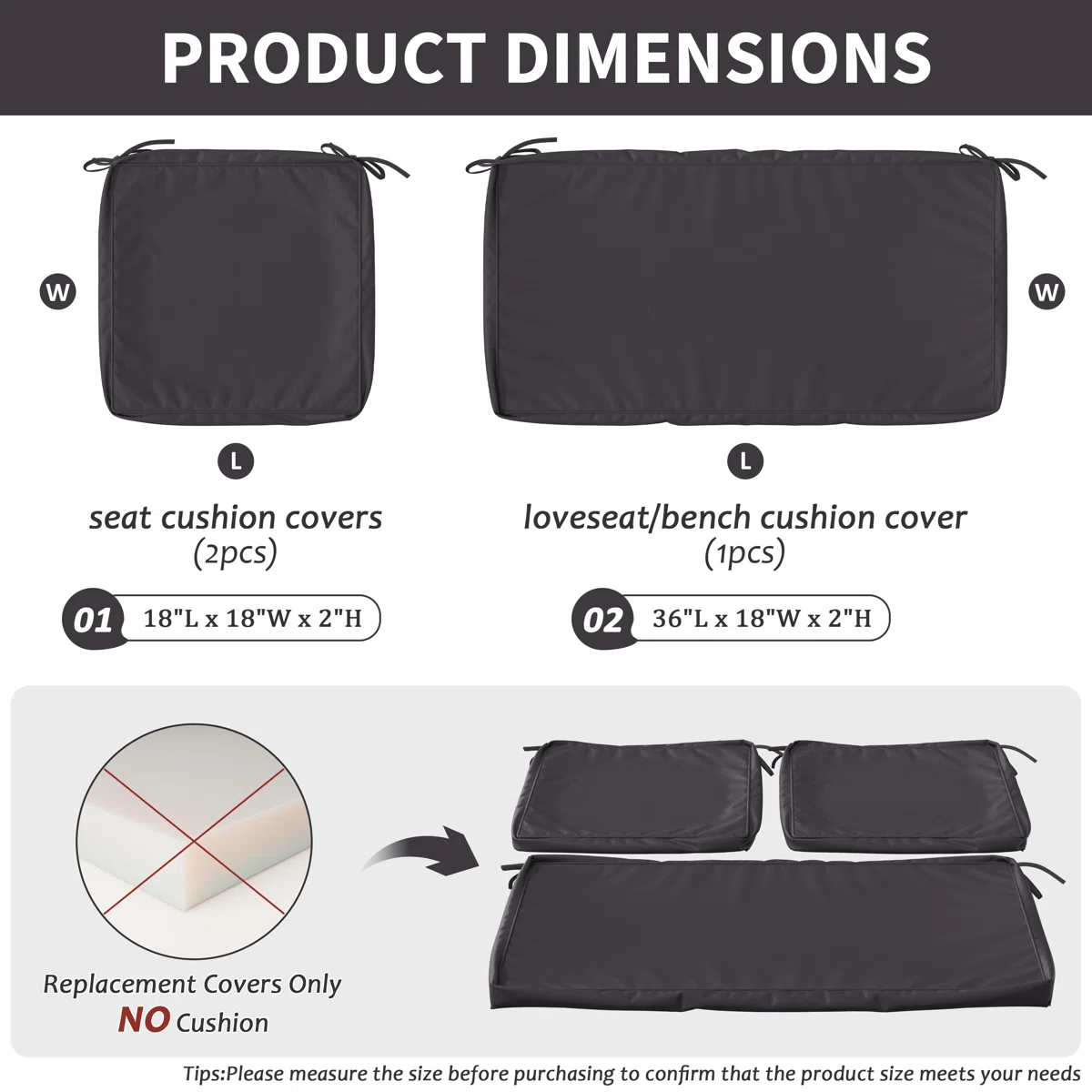 Borlon 3-Pack Outdoor Seat Cushion Covers, Water-Resistant Patio Furniture Replacement Covers