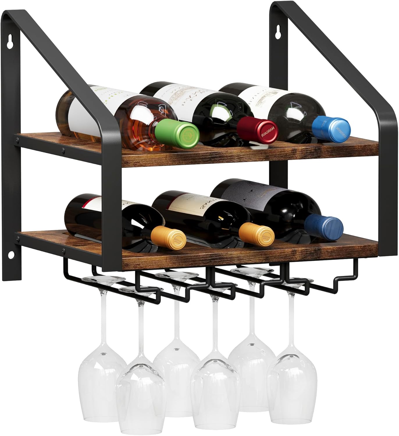 Wall Mounted Wine Rack for 6 Wine Bottles and 6 Glass Holder, 2-Tier Wall Wine Rack, Wood Wine Racks for Wall, Wood-Metal Wine Bottle Holder for Home Bar, Wine Kitchen Storage (Brown Black)