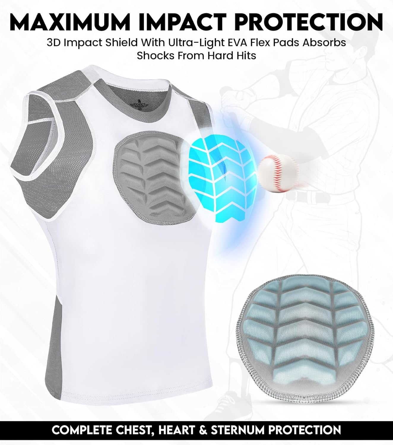 Exxact Sports Youth Baseball Chest Protector, Padded Sternum Heart Guard Shirt, Softball Chest Protector Girls Youth Large White