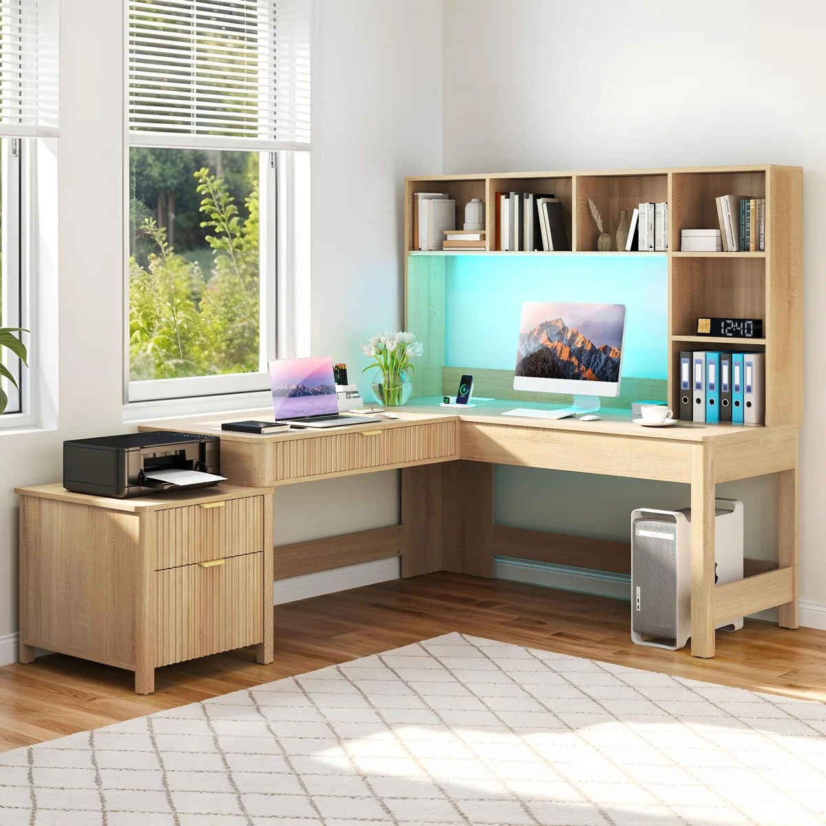 Box 2 of 2 L-Shaped Desk With LED Lights & Hutch, Home Office Computer Desk With Power Outlets & Storage Drawers