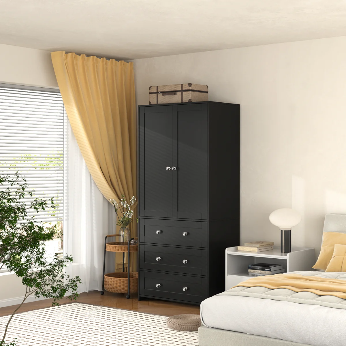 2-Door Sandrea With Mirror, Wardrobe Closet With 3 Drawers