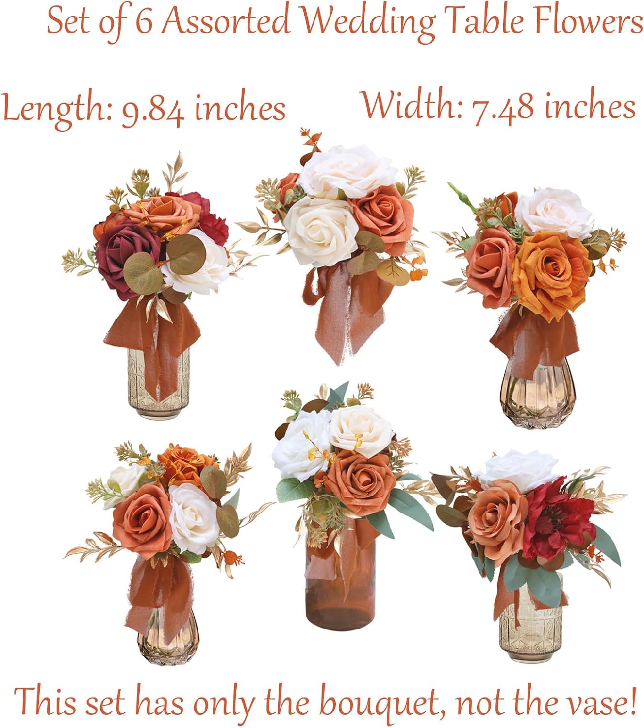 Marriwise Set of 6 Assorted Wedding Flower Centerpieces Pre-Made Mini Bridesmaid Bouquets Artificial Flower Terracotta Table Decor for Fall Wedding Decorations Shower Home Decor Burnt Orange