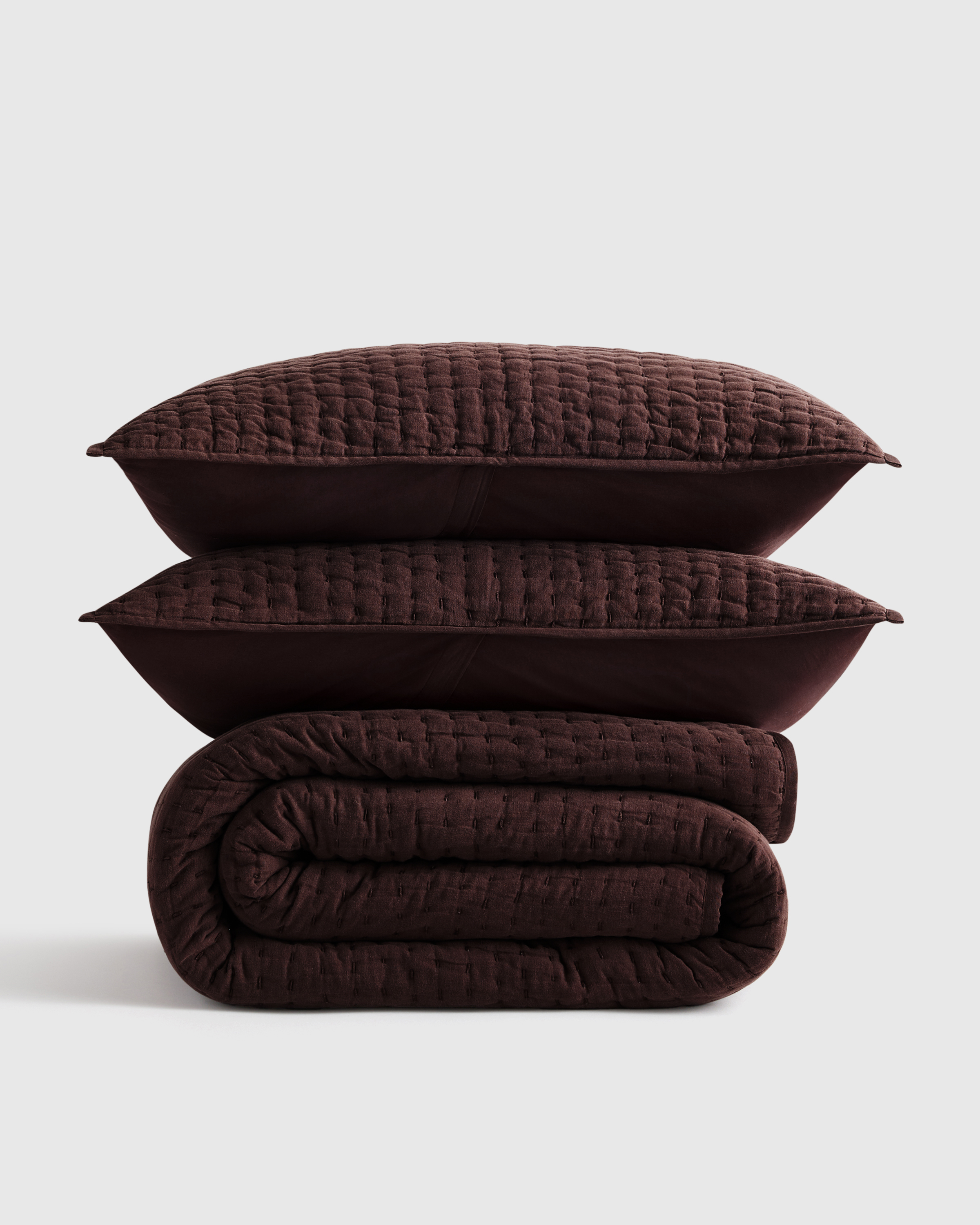 European Linen Cotton Stitch Quilt Set, King/Cal King, Espresso