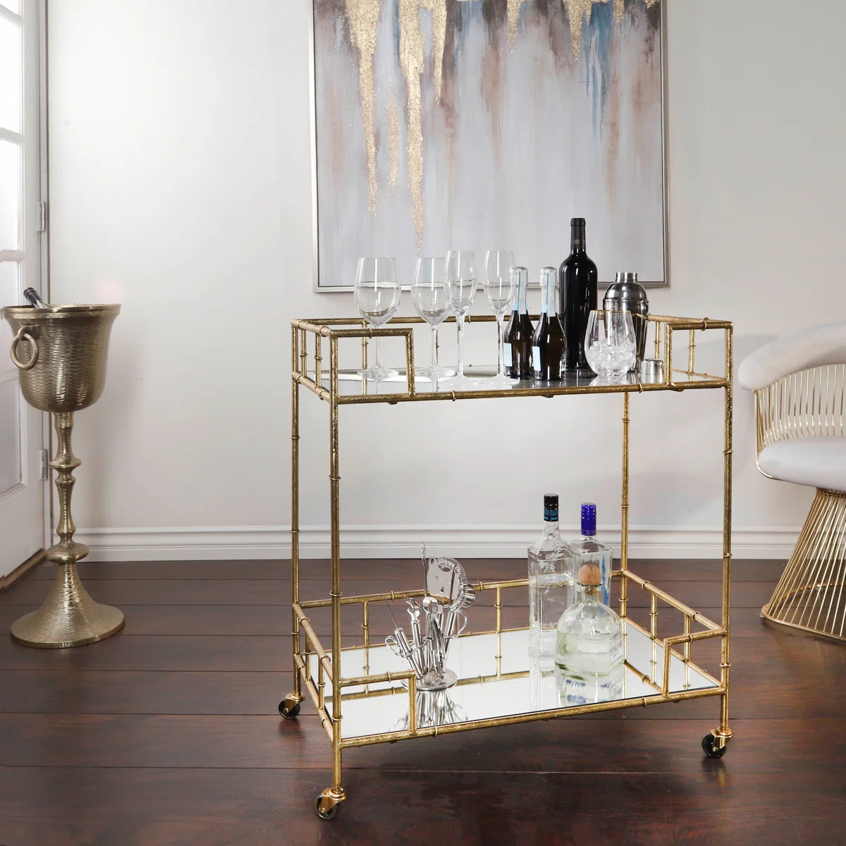 Craner Metal and Glass Two-Tier Bar Cart with Decorative Frame and Rolling Casters for Stylish Serving and Storage