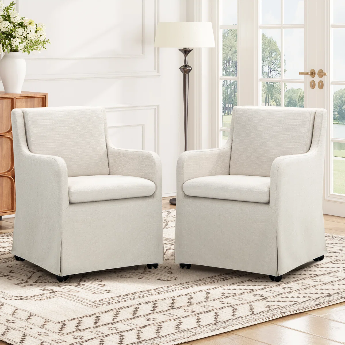 Upholstered Dining Armchair with Casters