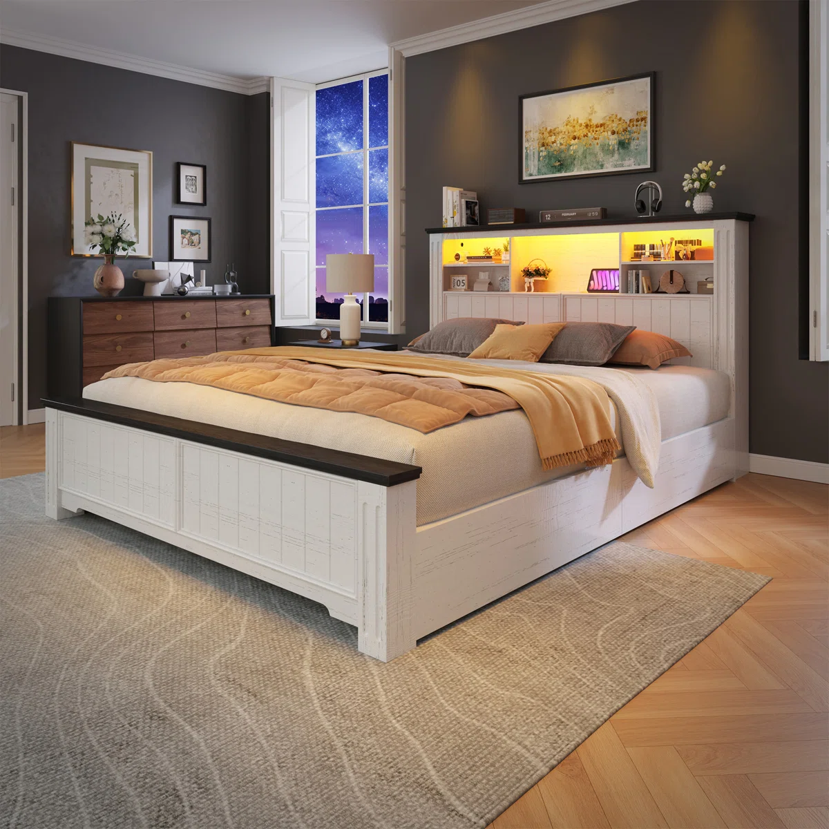 (Incomplete )Farmhouse Storage Bed Frame With Headboard & Led Light & Usb, 4 Drawers Under Bed, Built In Charging Station, No Noise, No Box Spring Needed