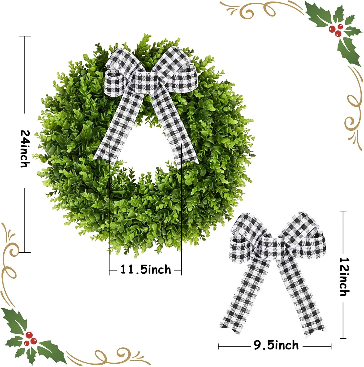 Vlorart 24 Large Boxwood Wreath for Front Door, Artificial Greenery Wreath with Plaid Bow, Full Lush Spring Summer Farmhouse Wall, Window & Wedding Decor 24 Inch
