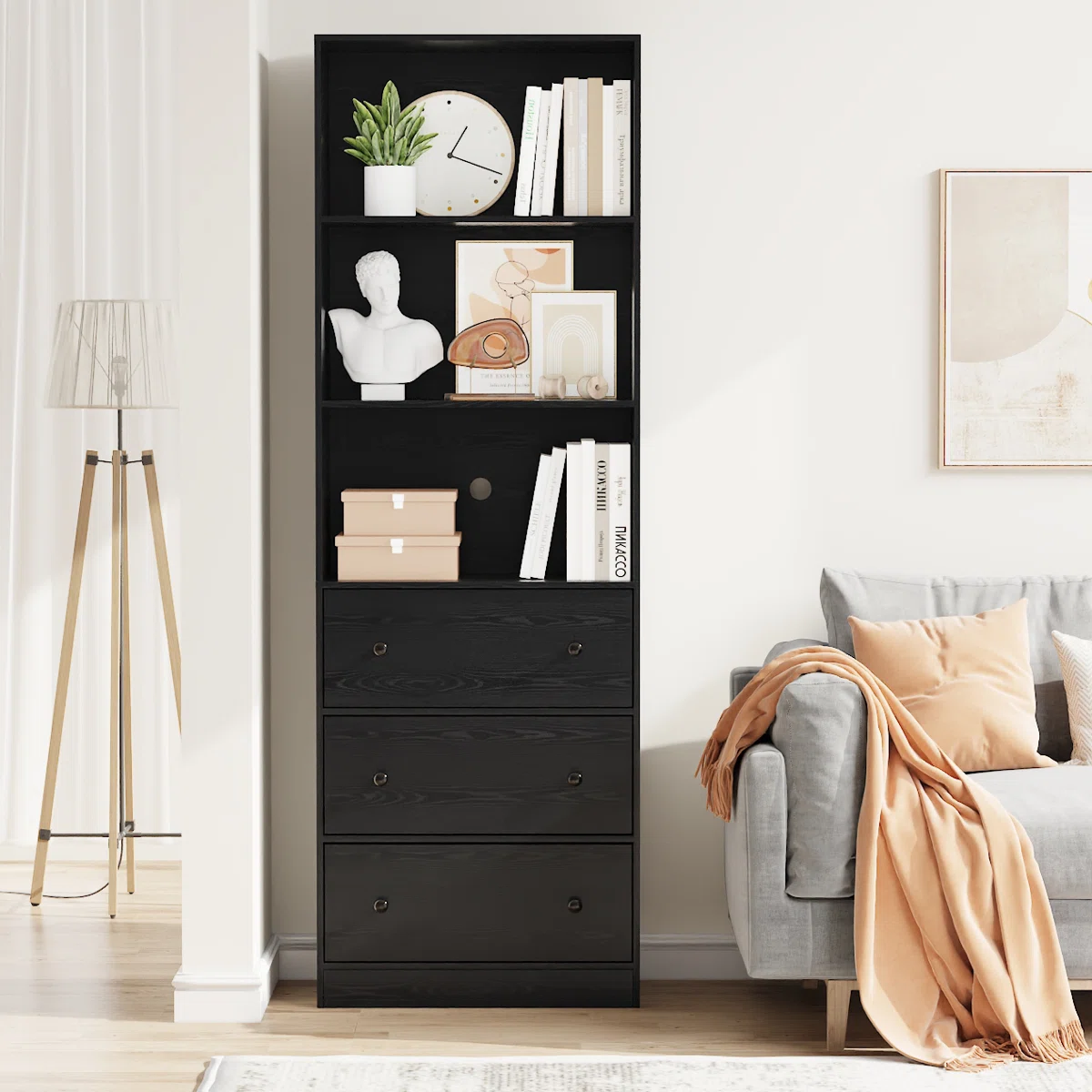 70.9'' H X 23.6'' W Standard Bookcase Cabinet with 2 Open Shelves and 3 Drawers