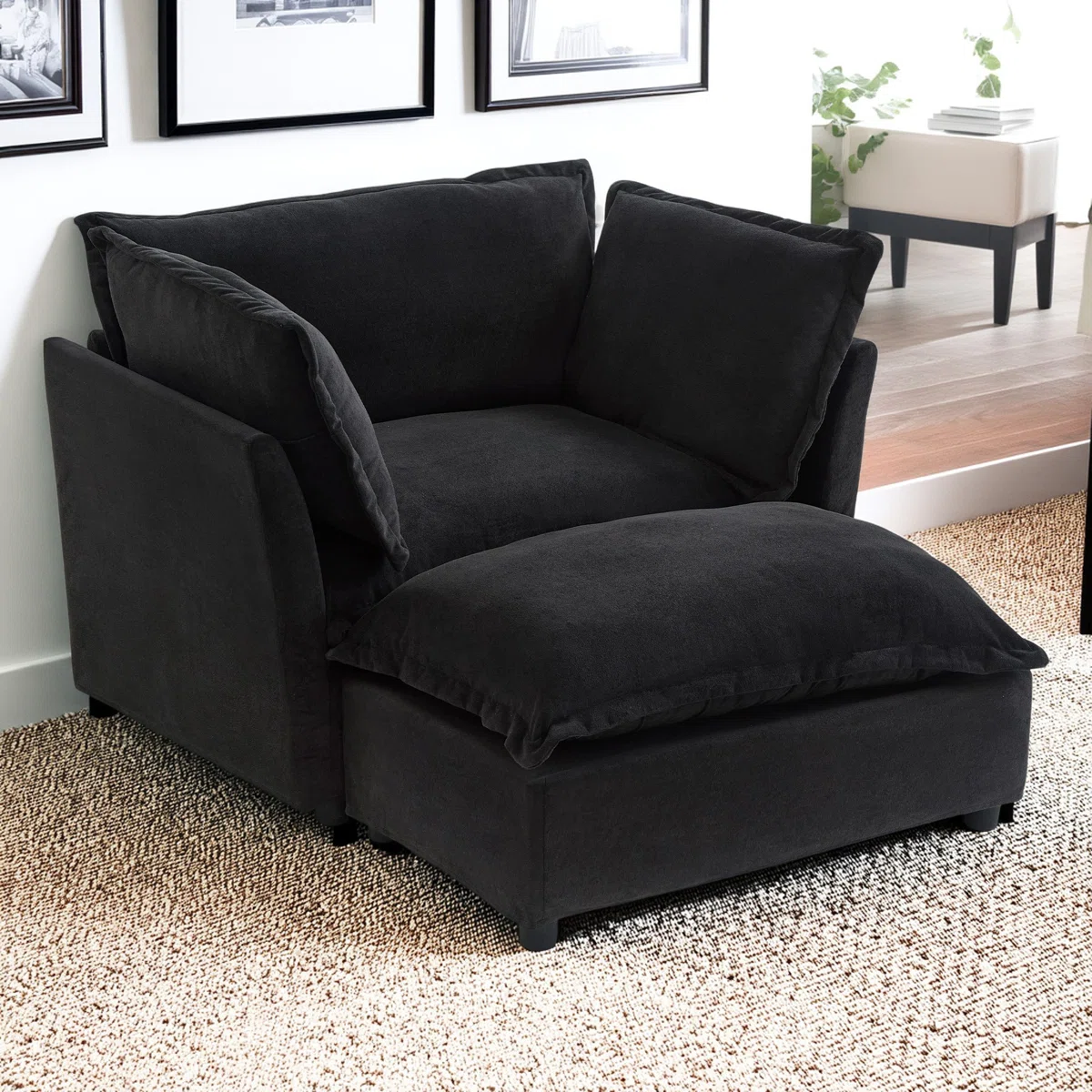 47" Modern Cozy Armchair Sofa with Movable Ottoman, Wide Seat, Curved Armrests, Pillows