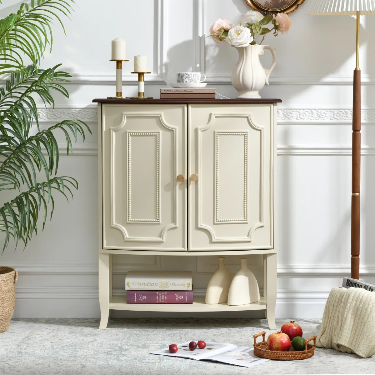(No hardware)Fienley French Country Curved Front 2-Door Accent Cabinet With Beaded Doors And Open Shelf, Two-Tone Walnut And Cream Storage Cabinet For Living Room Or Entryway