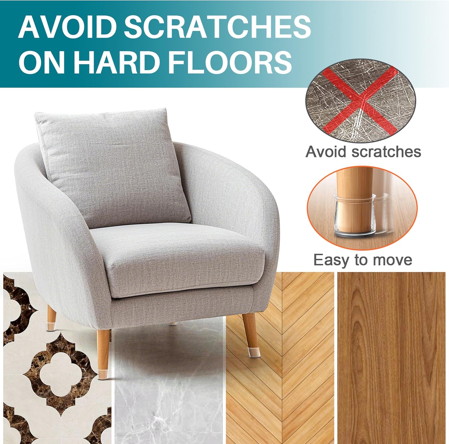 24 Pcs Chair Leg Floor Protectors Round, Silicone Felt Furniture Leg Pads Caps Covers for Hardwood Floors (Fit 15/16 to 1-5/16) Round M Clear