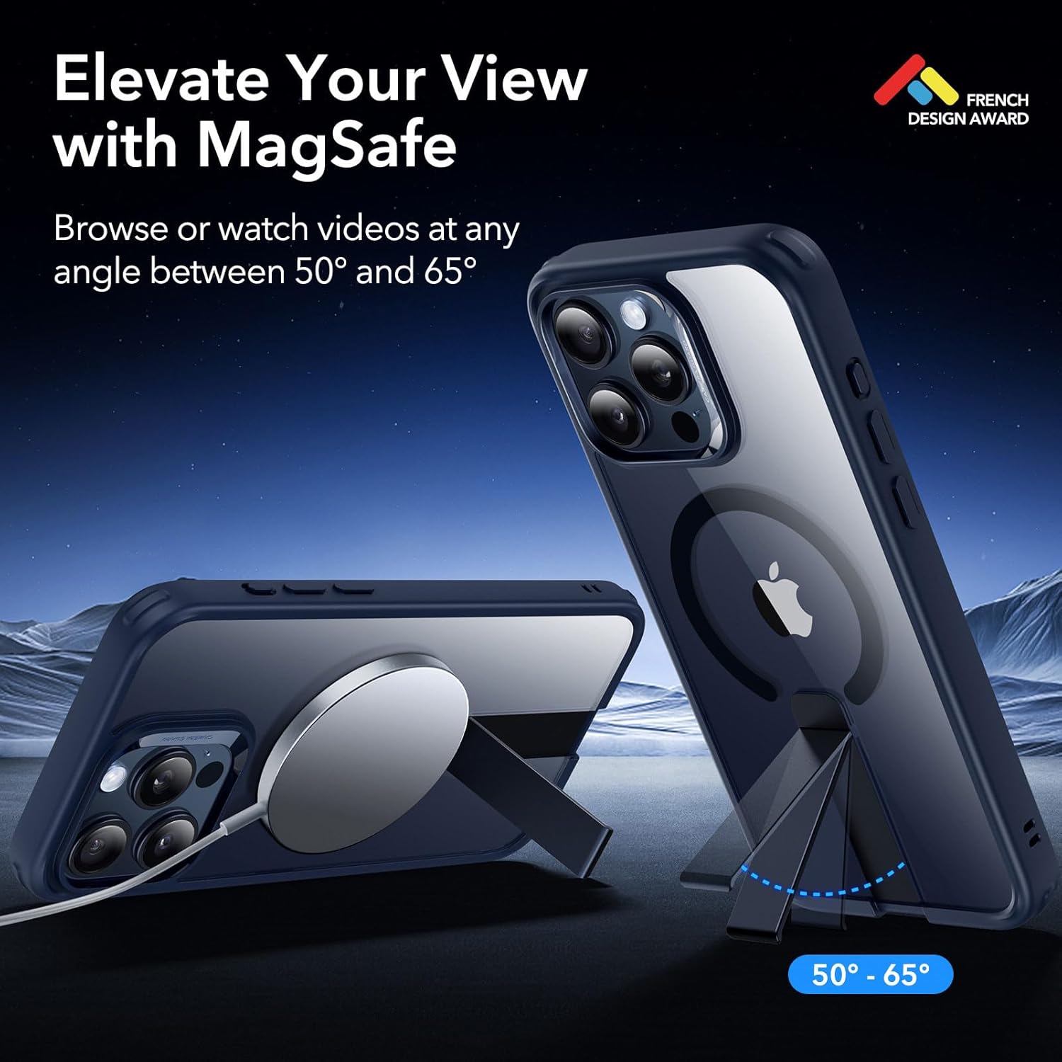 ESR for iPhone 15 Pro Case with Kickstand, Military-Grade Shockproof Protection, Magnetic Fully Adjustable Flickstand Phone Case, Compatible with MagSafe Accessories, Boost Series, Clear Dark Blue Magsafe Clear Dark Blue iPhone 15 Pro