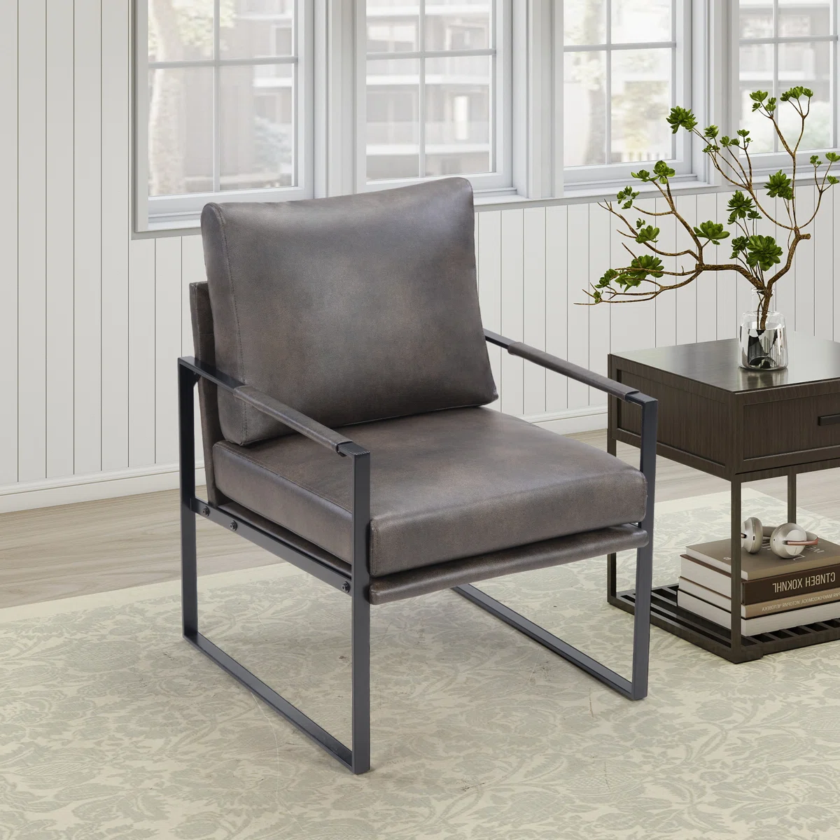 Achilina 24.6'' Wide Vintage Soft Vegan Leather Arm Accent Chair with Removable Backrest
