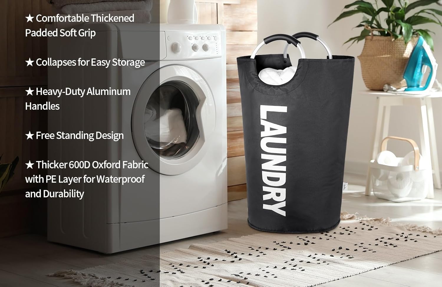 130L Large Laundry Hamper Bag Collapsible, Tall Laundry Basket Bag, Big Dirty Clothes Hampers with Handles for Laundry Room, College Dorm, Light Weigh, Foldable (Black, XXXL) Black 130L