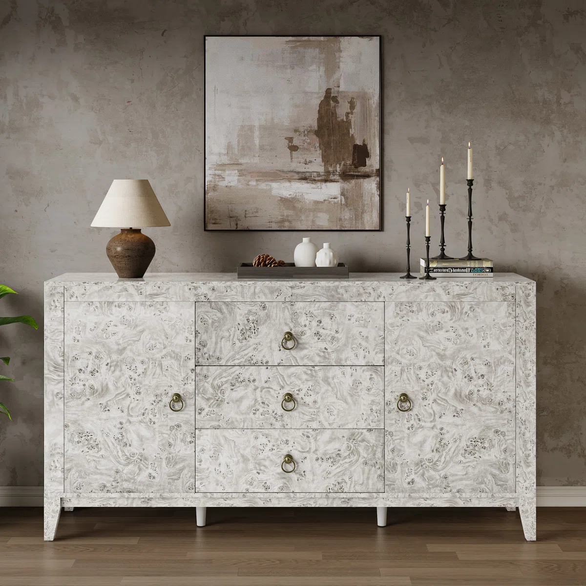 Dorne 60" Modern High Gloss Burl Sideboard with Adjustable Shelves