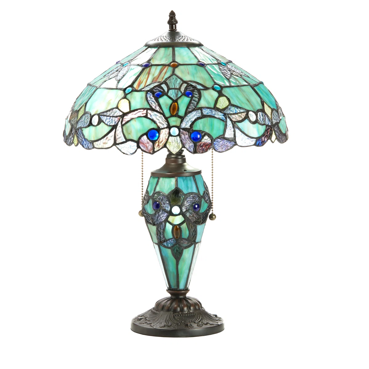 (Damage pictured)Cristal 20"H Magna Carta-Stained Glass Double Lit Table Lamp