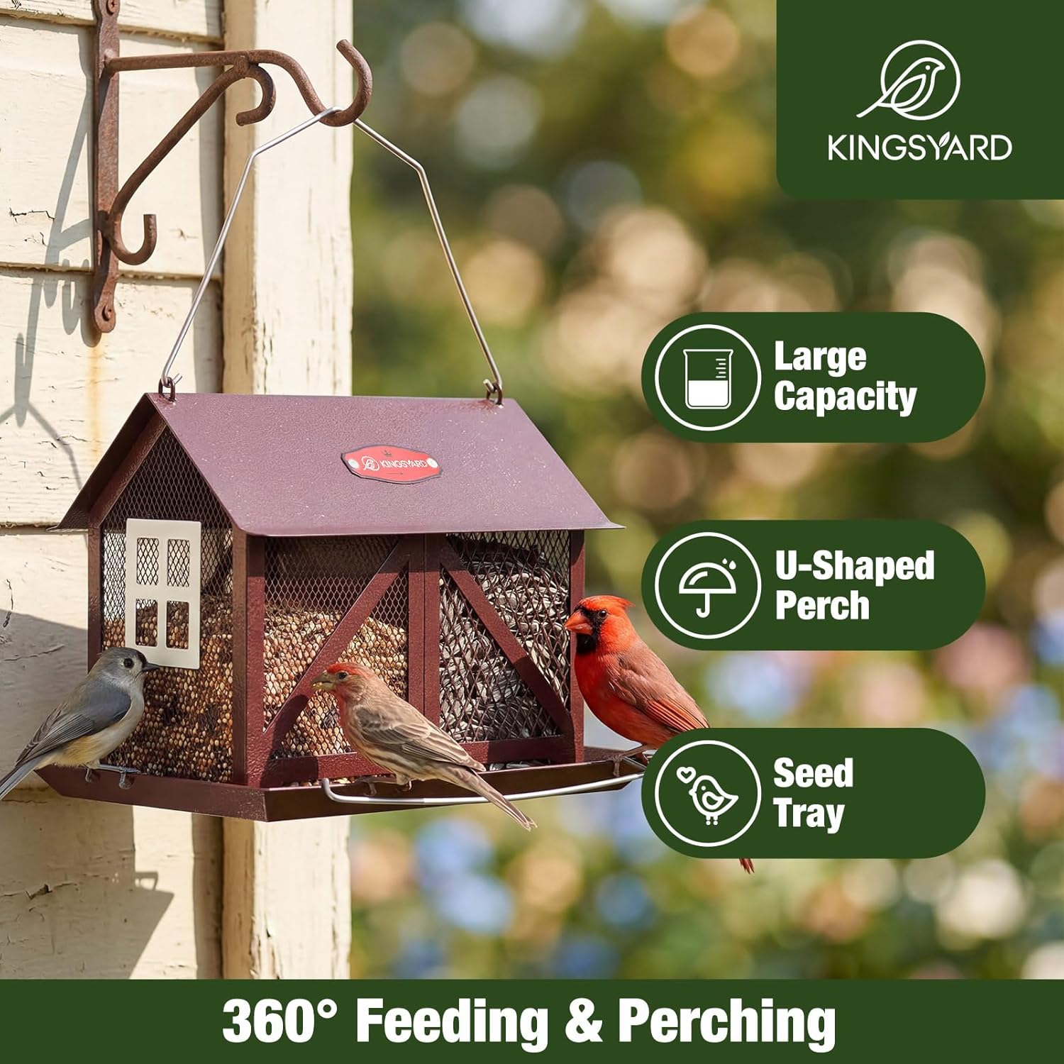 Kingsyard Metal Bird Feeder for Outdoors Hanging, 2-in-1 Wild Bird Feeder with Seed Tray & Built-in Perch, 5 lb Large Capacity for Cardinal Chickadee Finch, Bronze