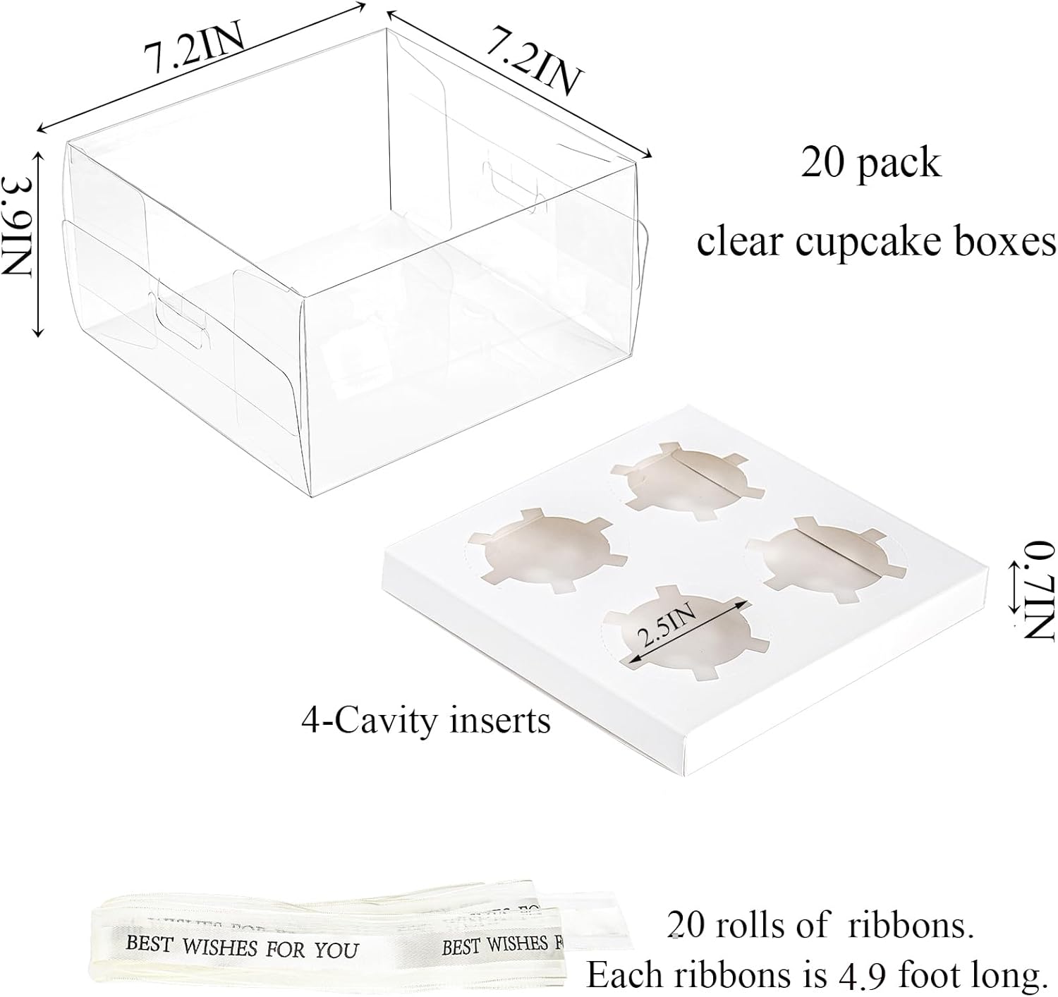 Cedilis 20 Pack Clear Cupcake Boxes with Gift Ribbon, 4 Count Plastic Cupcake Containers, Cupcake Carrier Holder for Treat Dessert Cookies Muffins Pastry Baby Shower Party